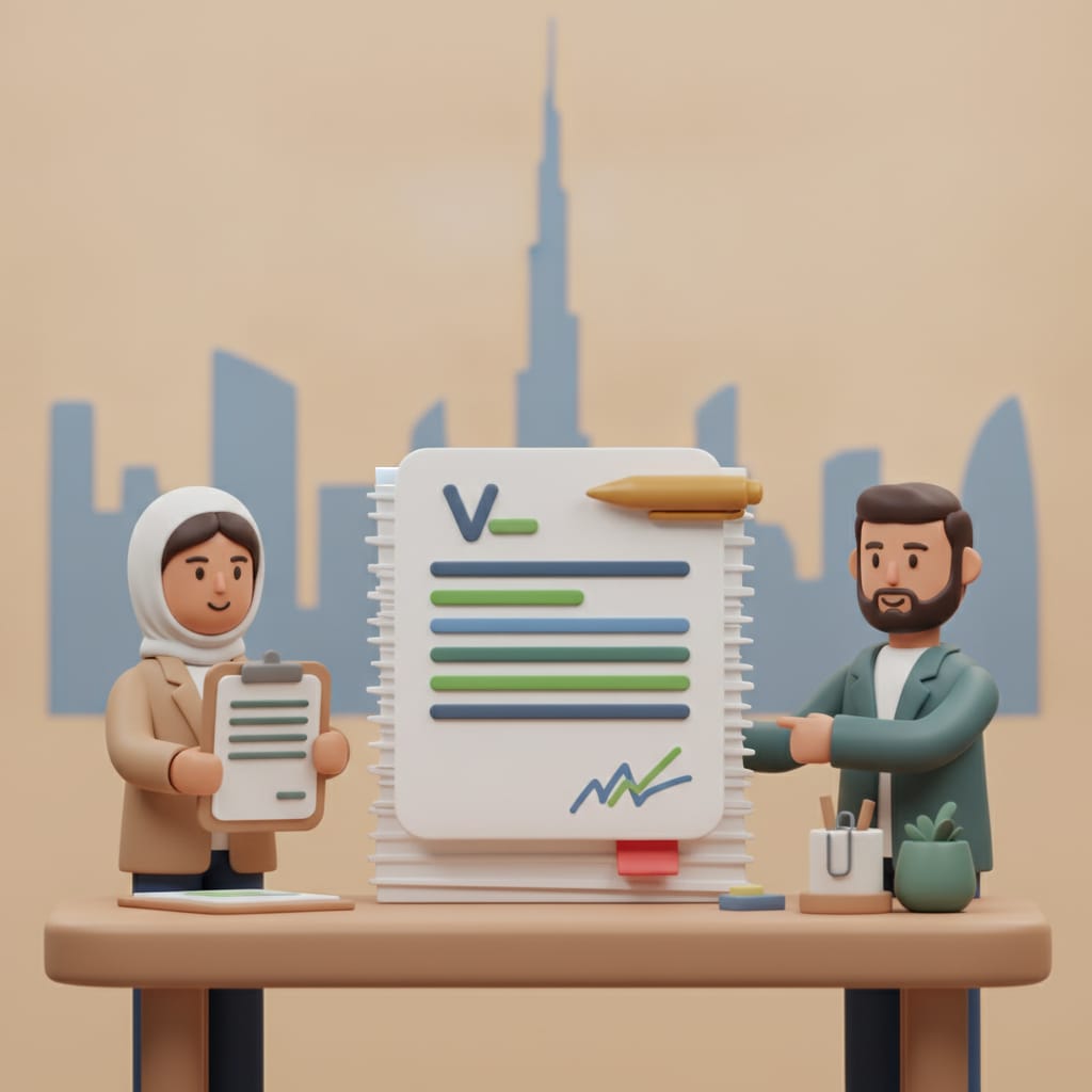 A professional CV on a laptop with the Dubai skyline in the background